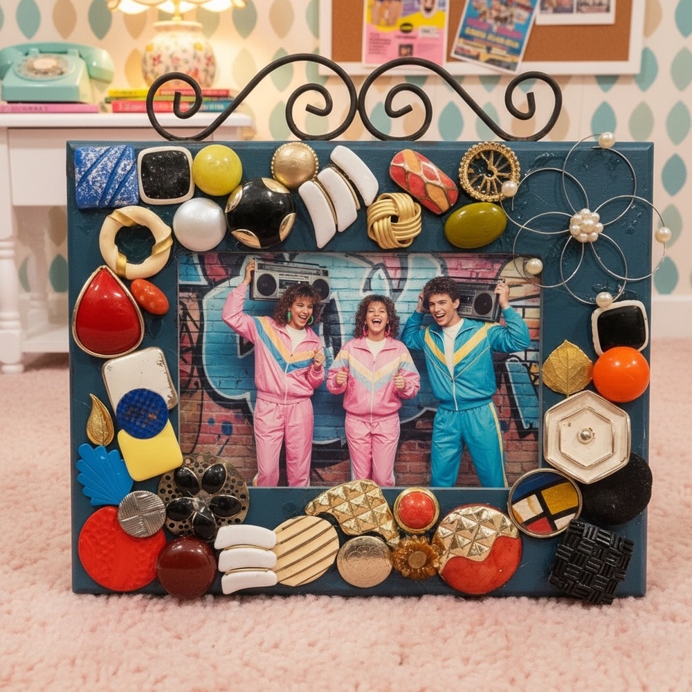 Vintage Picture frame Repurposed jewelry 70”s 80”s homemade Colorful frame